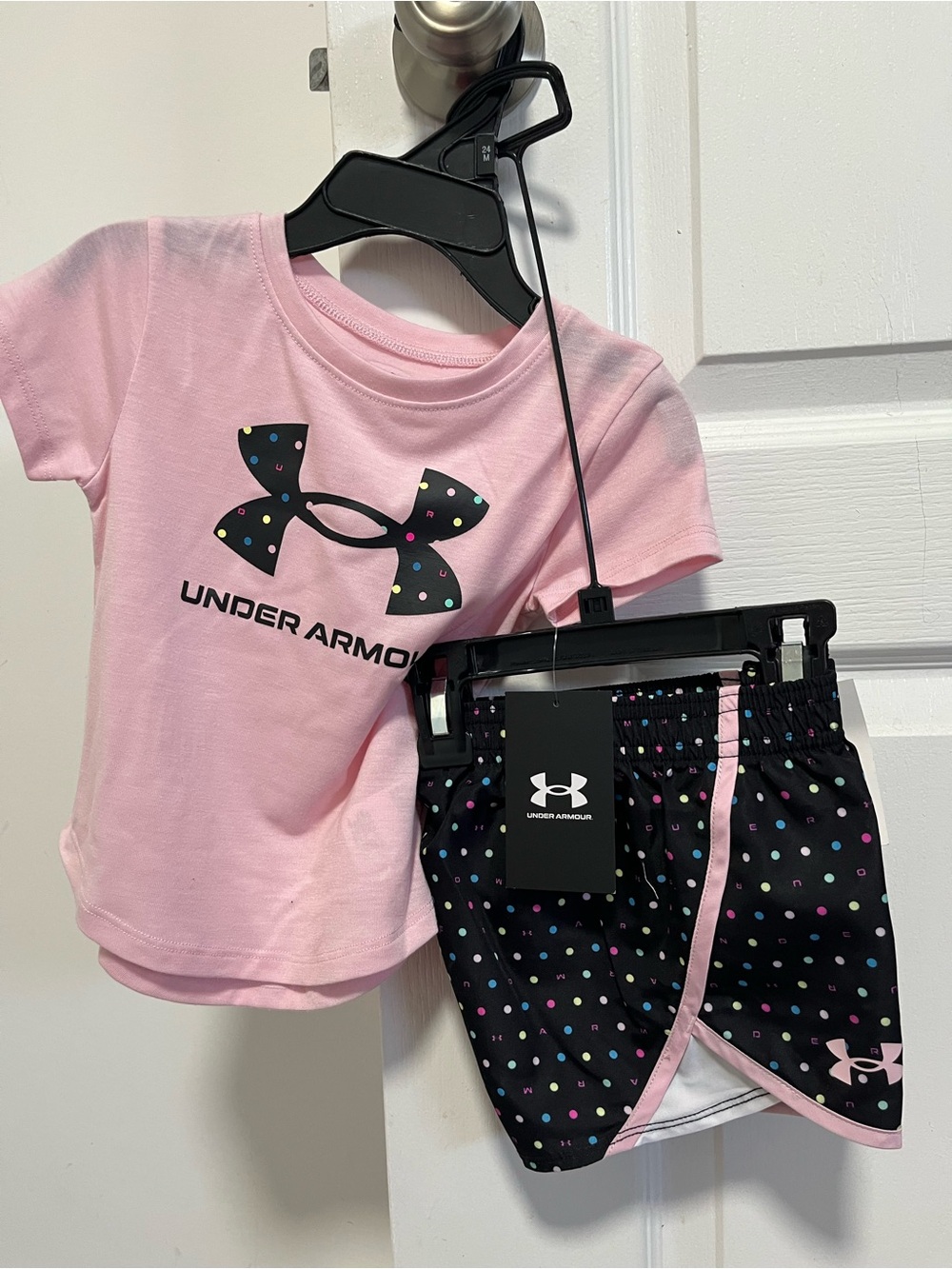 Under Armour Pink Tee with Black Polka Dot Athletic Shorts